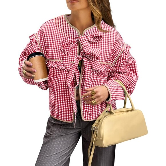 Women’s Red Plaid Quilted Cropped Jacket Tie Front Ruffled Puffer Coat - Picture 1 of 5